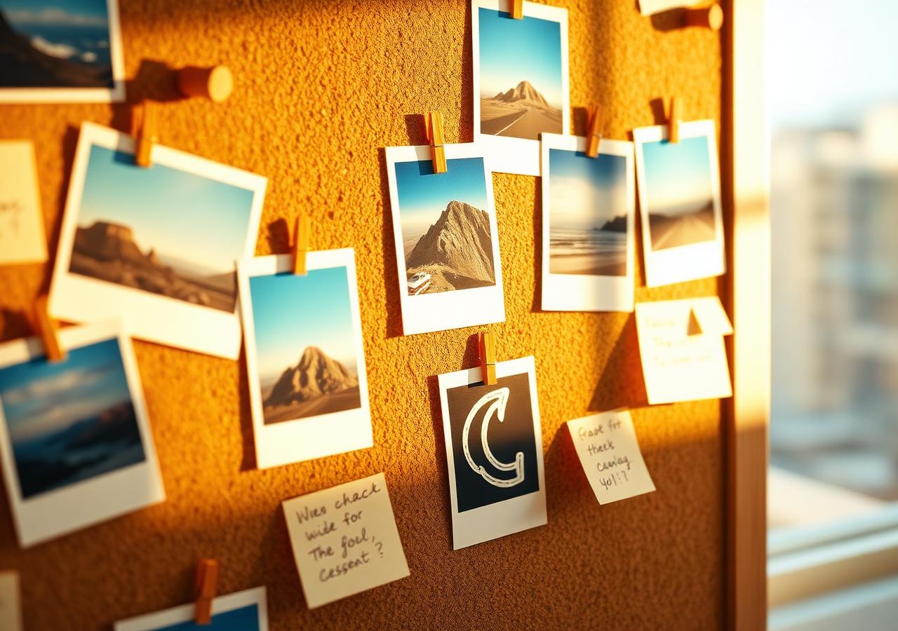 A warm cork board with pinned polaroids and sticky notes